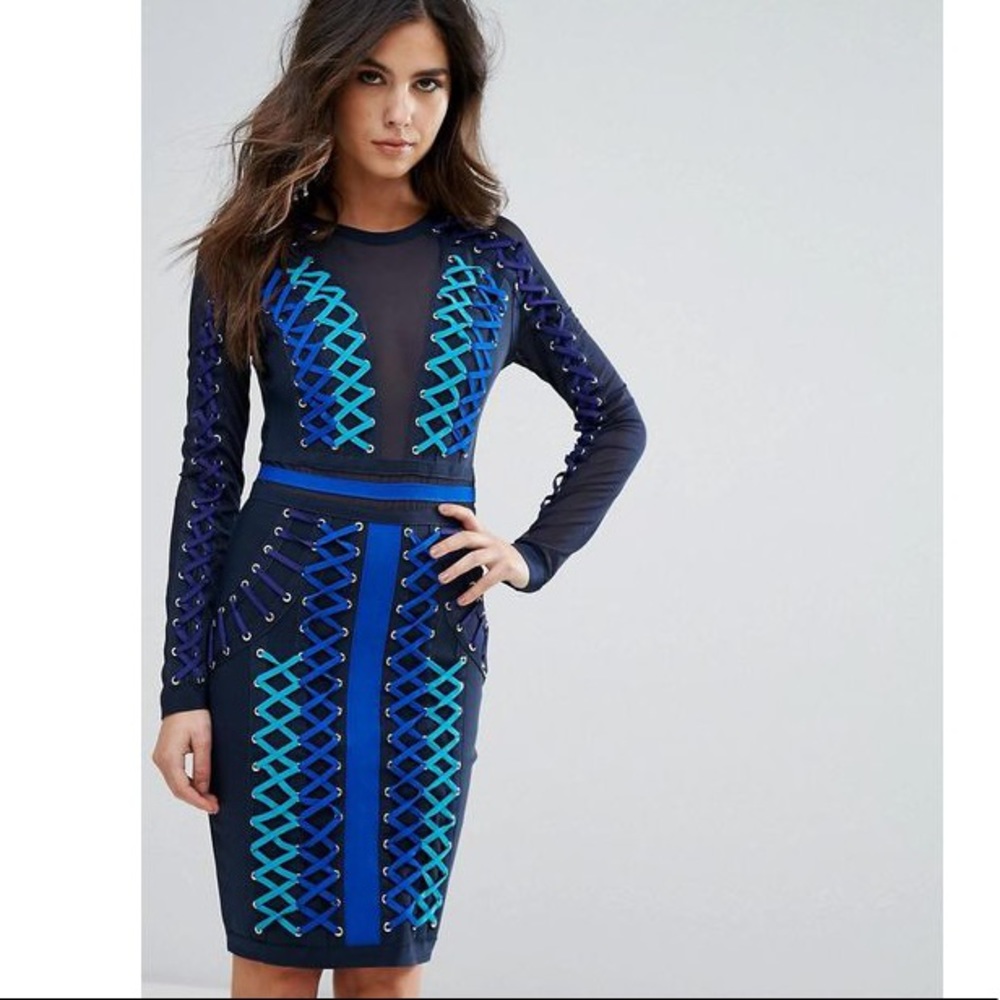 WOW Multi Blue Lace-up Bandage Dress